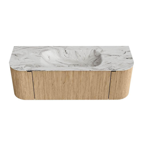 MONDIAZ KURVE-DLUX Meuble de salle de bains 130cm avec module 25 Len R couleur Chêne avec 1 tiroir et 2 portes. Vasque BIG SMALL centrale sans trou de robinet couleur Glace. SW1137960