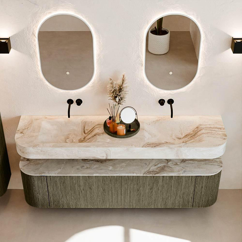 MONDIAZ THOR-DLUX 180cm meuble de salle de bains arrondi gauche + droite couleur Shadow avec 2 tiroirs et 2 portes. Vasque suspendue CLOUD Double sans trou de robinet couleur Frappe. SW1466058