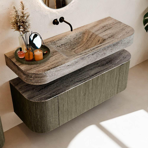 MONDIAZ THOR-DLUX 130cm meuble de salle de bains arrondi gauche + droite couleur Shadow avec 1 tiroir et 2 portes. Vasque suspendue CLOUD Milieu sans trou de robinet couleur Oza. SW1463999