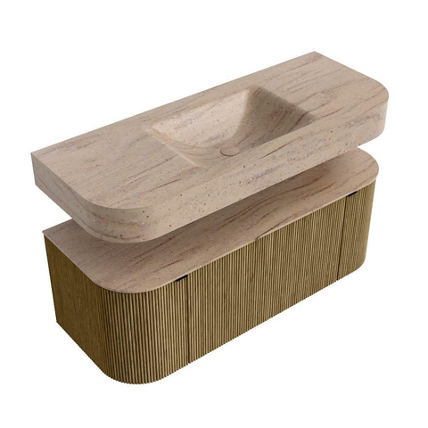 MONDIAZ THOR-DLUX 120cm meuble de salle de bains arrondi gauche + droite couleur Dusk avec 1 tiroir et 2 portes. Vasque suspendue CLOUD Milieu sans trou de robinet couleur Saba. SW1463476