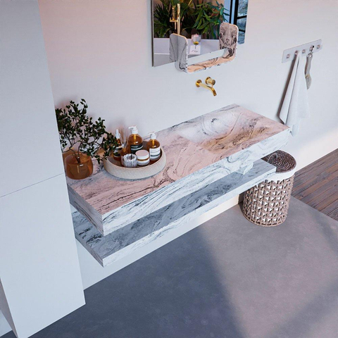 Mondiaz ALAN-DLUX Ensemble de meuble - 130cm - meuble Glace mat - 0 tiroirs - Lavabo Cloud Glace suspendu - vasque Droite - 0 trous de robinet SW808795