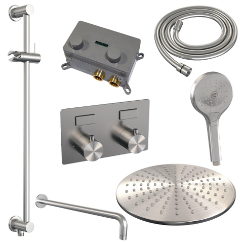 BRAUER Brushed Edition Douche de pluie thermostatique encastrée - boutons-poussoirs - SET 70 - pomme de douche 30cm - bras mural courbé - douchette 3 jets - flexible de douche - barre de douche intégrée - inox brossé PVD SW925495