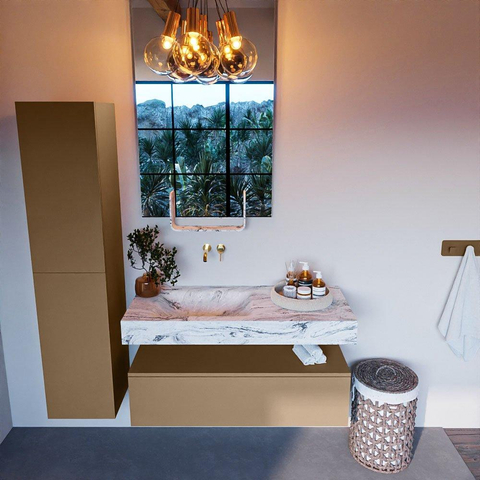 Mondiaz ALAN-DLUX Ensemble de meuble - 110cm - meuble Oro mat - 1 tiroir - Lavabo Cloud Glace suspendu - vasque Gauche - 0 trous de robinet SW806344