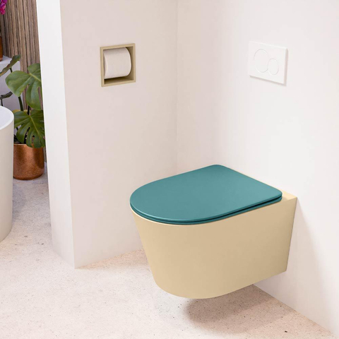 Mondiaz LAVIE hangtoilet – spoelrandloos – 36 x 53 cm – met softclose zitting – Sand (beige), zitting Smag (groen) SW1208724