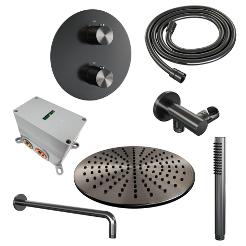 BRAUER Gunmetal Edition douche de pluie encastrée thermostatique - 3 voies - rond - set 76 - pomme de douche 30cm - bras mural courbé - douchette barre - flexible de douche - coude mural - gunmetal brossé PVD SW1159138