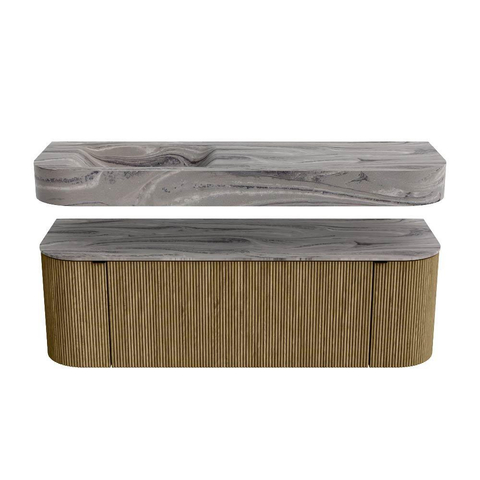 MONDIAZ THOR-DLUX 140cm meuble de salle de bains arrondi gauche + droite couleur Dusk avec 1 tiroir et 2 portes. Vasque suspendue CLOUD Gauche 1 trou de robinet couleur Sombra. SW1464235