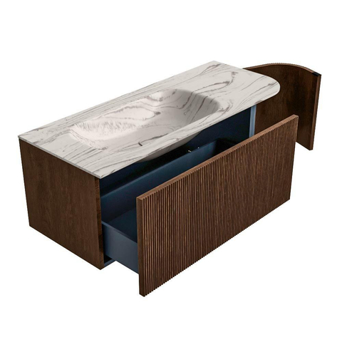 MONDIAZ KURVE-DLUX Meuble de salle de bains 115cm arrondi à droite couleur Walnut avec 1 tiroir et 1 porte. Vasque BIG SMALL gauche 1 trou de robinet Nata. SW1432203