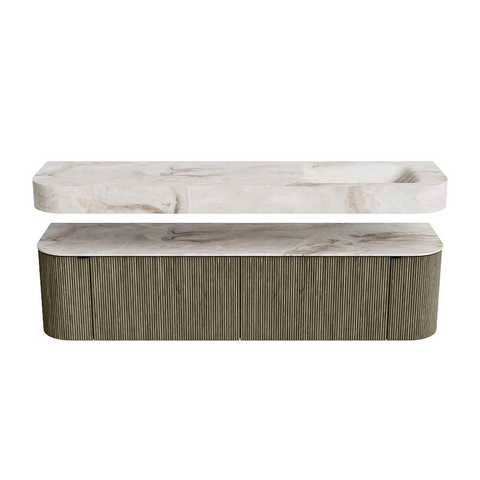 MONDIAZ THOR-DLUX 180cm meuble de salle de bains arrondi gauche + droite couleur Shadow avec 2 tiroirs et 2 portes. Vasque suspendue CLOUD droite sans trou de robinet couleur Frappe. SW1466066