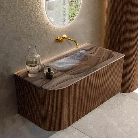 MONDIAZ KURVE-DLUX 95cm badmeubel ronding Links kleur Walnut met 1 lade en 1 deur. Wastafel BIG SMALL Rechts zonder kraangat Sombra. SW1433641