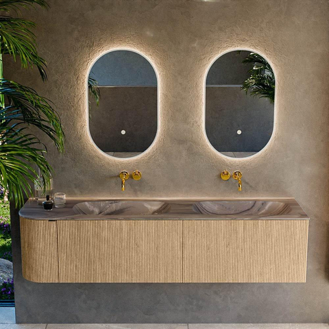 MONDIAZ KURVE-DLUX 175cm meuble de salle de bains arrondi gauche couleur chêne avec 2 tiroirs et 1 porte. Lavabo STOR SMALL Double / Droit sans trou de robinet Sombra. SW1433611