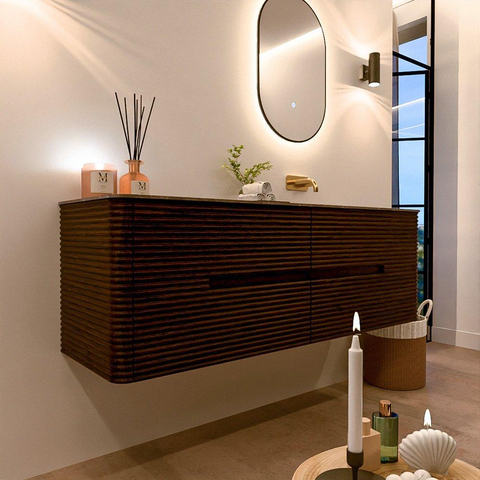 Mondiaz CIRO-DLUX Ensemble de meuble de salle de bains - 150x45x50cm - plan de toilette en solid surface Oza - 1 vasque à droite - sans trous de robinet - 4 tiroirs - Noyer SW1530647