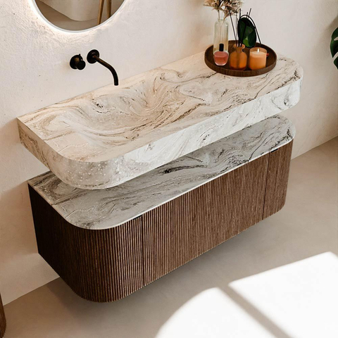 MONDIAZ THOR-DLUX 120cm badmeubel ronding links + rechts kleur Walnut met 1 lade en 2 deuren. Vrijhangende wastafel CLOUD Links zonder kraangat kleur Glace. SW1463215