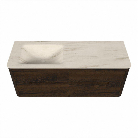Mondiaz CIRO-DLUX Ensemble de meubles de salle de bains - 130x45x50cm - Plan vasque Solid surface Meli - 1 vasque à gauche - sans trous de robinet - 4 tiroirs - Noyer SW1530546