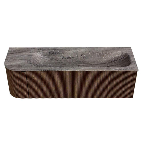 MONDIAZ KURVE-DLUX 145cm badmeubel ronding Links kleur Walnut met 1 lade en 1 deur. Wastafel BIG LARGE Rechts zonder kraangat Oza. SW1432457