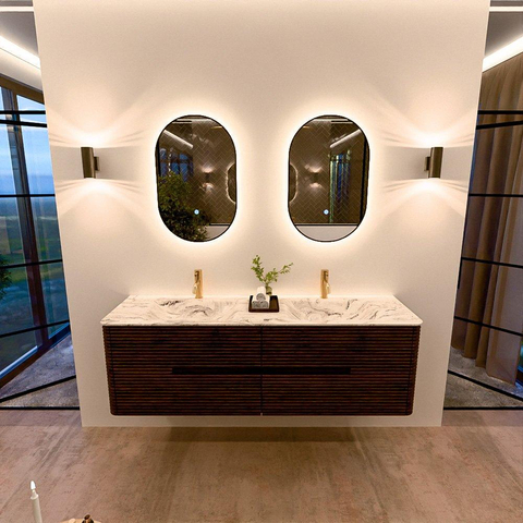 Mondiaz CIRO-DLUX Badkamermeubelset - 160x45x50cm - Solid surface wastafel Glace - 2 wasbak Dubbel - 2 kraangaten - 4 lades - Walnut SW1530127