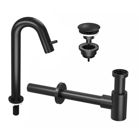INK 5A Fonteinkraanset - staande Fonteinkraan - hoog gebogen - always open - plug en designSifon - zwart mat SW693039
