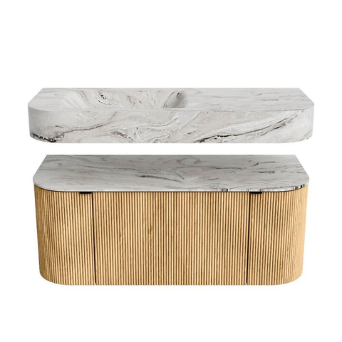 MONDIAZ THOR-DLUX Meuble de salle de bains 110cm arrondi gauche + droite couleur Oak avec 1 tiroir et 2 portes. Vasque suspendue CLOUD Gauche 1 trou de robinet couleur Glace. SW1462747