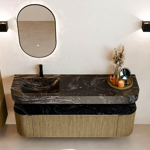 MONDIAZ THOR-DLUX 160cm meuble de salle de bains arrondi gauche + droite couleur Dusk avec 1 tiroir et 2 portes. Vasque suspendue CLOUD Gauche 1 trou de robinet couleur Lava. SW1465269