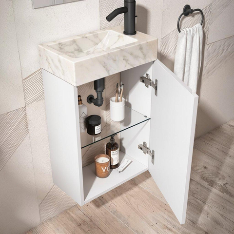 Saniclass Chaci Ensemble de lavabo - 40x65cm - 1 porte - 1 trou de robinet - droite - lavabo pierre naturelle marbre - blanc mat SW1482361