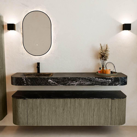 MONDIAZ THOR-DLUX Meuble de salle de bains 170cm arrondi gauche + droite couleur Shadow avec 1 tiroir et 2 portes. Vasque suspendue CLOUD Gauche 1 trou de robinet couleur Lava. SW1465522