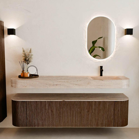 MONDIAZ THOR-DLUX 180cm meuble de salle de bains arrondi gauche + droite couleur Walnut avec 2 tiroirs et 2 portes. Vasque suspendue CLOUD Droite 1 trou de robinet couleur Saba. SW1466324