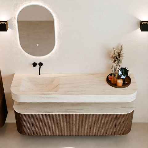 MONDIAZ THOR-DLUX 160cm meuble de salle de bains arrondi gauche + droite couleur Walnut avec 1 tiroir et 2 portes. Vasque suspendue CLOUD gauche sans trou de robinet couleur Meli. SW1465156