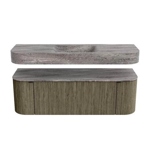 MONDIAZ THOR-DLUX 140cm badmeubel ronding links + rechts kleur Shadow met 1 lade en 2 deuren. Vrijhangende wastafel CLOUD Midden 1 kraangat kleur Oza. SW1464325