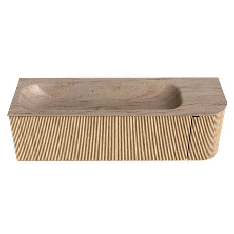 MONDIAZ KURVE-DLUX 145cm badmeubel ronding Rechts kleur Oak met 1 lade en 1 deur. Wastafel BIG LARGE Links zonder kraangat Saba. SW1433086