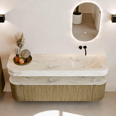 MONDIAZ THOR-DLUX 170cm meuble de salle de bains arrondi gauche + droite couleur Dusk avec 1 tiroir et 2 portes. Vasque suspendue CLOUD Droite sans trou de robinet couleur Ostra. SW1465445