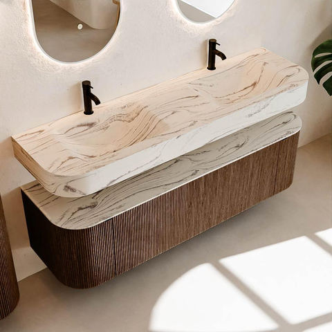 MONDIAZ THOR-DLUX 160cm badmeubel ronding links + rechts kleur Walnut met 1 lade en 2 deuren. Vrijhangende wastafel CLOUD Dubbel 2 kraangaten kleur Nata. SW1465259