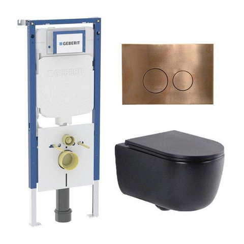 QeramiQ Dely Swirl Toiletset - 36.3x51.7cm - Geberit UP720 Duofix Sigma inbouwreservoir - slim zitting - bedieningsplaat koper - ronde knoppen - mat zwart SW1416865