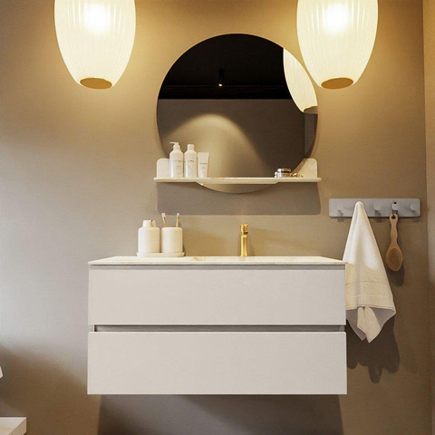 VICA-DLUX meuble sous lavabo 100cm Linen 2 tiroirs. Lavabo encastré CLOUD à droite 1 trou de robinet, couleur Frappe. SW902528