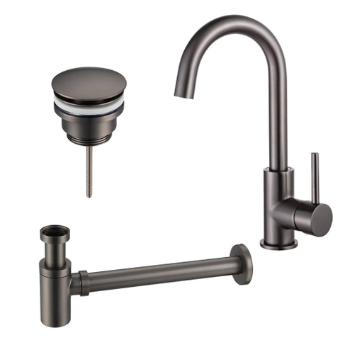 Fortifura Calvi Wastafelkraanset - hoge wastafelkraan - draaibare - uitloop - klikwaste plug - verlaagde design - sifon - PVD - geborsteld gunmetal (antraciet) SW891983