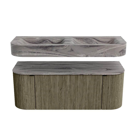 MONDIAZ THOR-DLUX Meuble de salle de bains 120cm arrondi gauche + droite couleur Shadow avec 1 tiroir et 2 portes. Vasque suspendue CLOUD Double 2 trous de robinet couleur Sombra. SW1463673