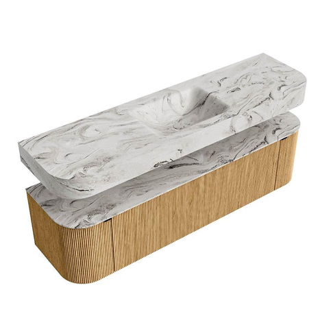 MONDIAZ THOR-DLUX Meuble de salle de bains 170cm arrondi gauche + droite couleur Oak avec 1 tiroir et 2 portes. Vasque suspendue CLOUD Milieu 1 trou de robinet couleur Glace. SW1465425
