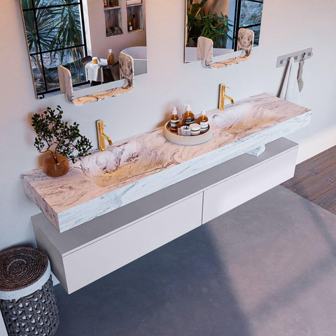 Mondiaz ALAN-DLUX Ensemble de meuble - 200cm - meuble Cale mat - 2 tiroirs - Lavabo Cloud Glace suspendu - vasque Gauche et droite - 2 trous de robinet SW805930