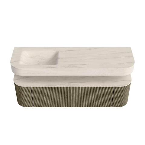 MONDIAZ THOR-DLUX 160cm meuble de salle de bains arrondi gauche + droite couleur Shadow avec 1 tiroir et 2 portes. Vasque suspendue CLOUD Gauche 1 trou de robinet couleur Meli. SW1467680