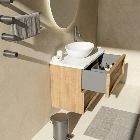 Saniclass Holz Frame Badkamermeubelset - 80x45x63cm - Dia marmeren wastafelblad gepolijst (wit) - 1 kraangat - 2 lades - mat eiken natural (hout) SW1579956