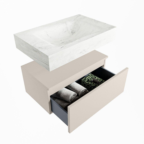 Mondiaz ALAN-DLUX Ensemble de meuble - 70cm - meuble Linen mat - 1 tiroir - Lavabo Cloud Opalo suspendu - vasque Centre - 1 trou de robinet SW806652