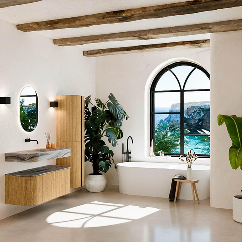 MONDIAZ THOR-DLUX 110cm badmeubel ronding links + rechts kleur Oak met 1 lade en 2 deuren. Vrijhangende wastafel CLOUD Midden zonder kraangat kleur Sombra. SW1463054