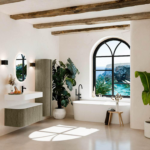 MONDIAZ THOR 100cm meuble de salle de bains arrondi gauche + droite couleur Shadow avec 1 tiroir et 2 portes. Vasque suspendue CLOUD Droite 1 trou de robinet couleur Talc. SW1467433