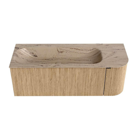 MONDIAZ KURVE-DLUX 125cm badmeubel ronding Rechts kleur Oak met 1 lade en 1 deur. Wastafel BIG MEDIUM Links 1 kraangat Arena. SW1431104
