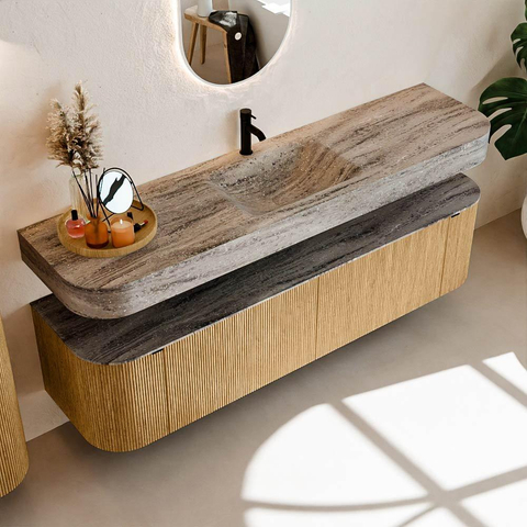 MONDIAZ THOR-DLUX 180cm meuble de salle de bains arrondi gauche + droite couleur Oak avec 2 tiroirs et 2 portes. Vasque suspendue CLOUD Milieu 1 trou de robinet couleur Oza. SW1466346