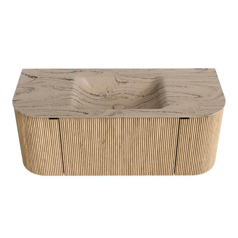 MONDIAZ KURVE-DLUX Meuble de salle de bains 110cm arrondi Gauche + Droite couleur Chêne avec 1 tiroir et 2 portes. Lavabo CLOUD Central sans trou de robinet Arena. SW1431083
