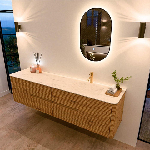 Mondiaz CIRO-DLUX Ensemble de meubles de salle de bains - 190x45x50cm - Plan-vasque Solid surface Meli - 1 bassin à droite - 1 trou de robinetterie - 4 tiroirs - Chêne SW1531425