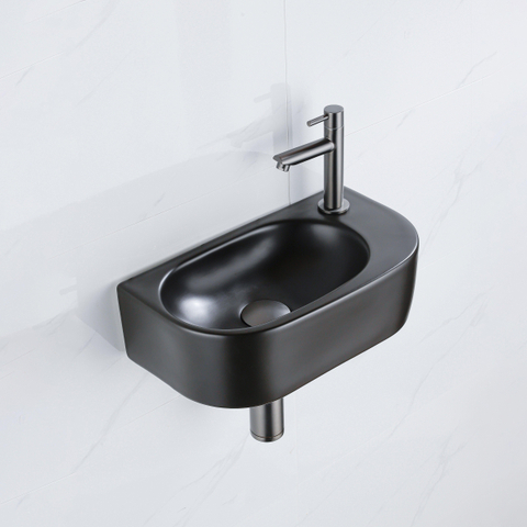Fugaflow Efficiente Pietra Ensemble lave-mains - 40x21.5x12cm - droit - lisse - semi-rond - 1 trou de robinet - céramique - robinet de lave-mains gunmetal - bonde - siphon abaissé - noir mat SW1442372