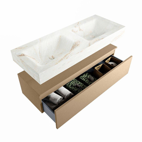 Mondiaz ALAN-DLUX Ensemble de meuble - 120cm - meuble Oro mat - 1 tiroir - Lavabo Cloud Frappe suspendu - vasque Gauche et droite - 2 trous de robinet SW805593