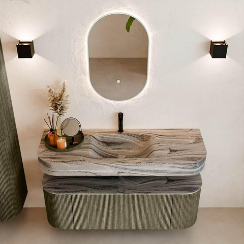 MONDIAZ THOR-DLUX 130cm meuble de salle de bains arrondi gauche + droite couleur Shadow avec 1 tiroir et 2 portes. Vasque suspendue CLOUD Milieu 1 trou de robinet couleur Sombra. SW1463870