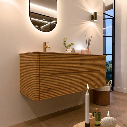 Mondiaz CIRO-DLUX Badkamermeubelset - 130x45x50cm - Solid surface wastafel Saba - 1 wasbak Links - 1 kraangat - 4 lades - Oak SW1531184