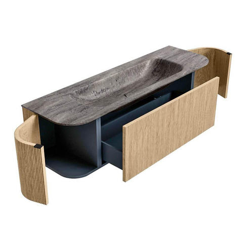 MONDIAZ KURVE-DLUX Meuble de salle de bains 150cm arrondi Gauche + Droite couleur Chêne avec 1 tiroir et 2 portes. Lavabo BIG MEDIUM Centre 1 trou de robinet Oza. SW1432643